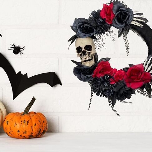 Halloween Skeleton Wreath for Front Door with Red and Black Artificial Roses, Gothic Garland Creepy Decor for Home, 18 Inch in Saudi Arabia