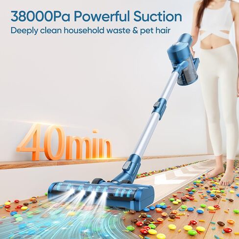 Cordless Vacuum Cleaner, 38Kpa Powerful Suction, Detachable Battery, 1.5L Dust Cup, 40 Mins Runtime, Anti-Tangle Handheld Vacuum, Lightweight Stick Vacuum for Pet Hair Hardwood Floor Carpet, Blue in Saudi Arabia