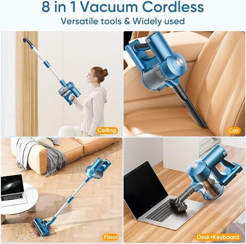 Cordless Vacuum Cleaner, 38Kpa Powerful Suction, Detachable Battery, 1.5L Dust Cup, 40 Mins Runtime, Anti-Tangle Handheld Vacuum, Lightweight Stick Vacuum for Pet Hair Hardwood Floor Carpet, Blue in Saudi Arabia