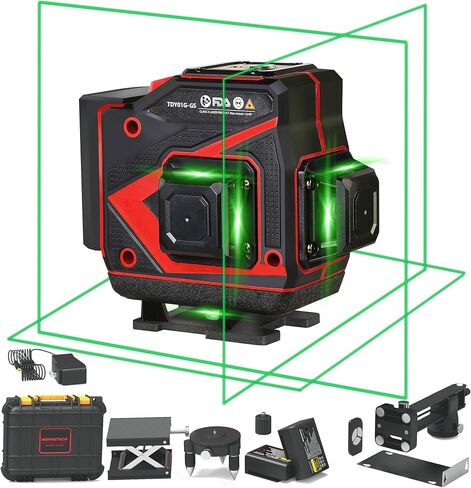 مستوى ليزر ذاتي التسوية - 3x360 شعاع أخضر أفقي عمودي 12 خطًا متقاطعًا - أداة بناء تسوية ليزر للبلاط لسقف الجدار الأرضي - علبة ذات جوانب صلبة وجهاز تحكم عن بعد in Kuwait