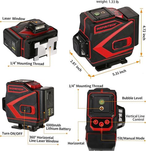 مستوى ليزر ذاتي التسوية - 3x360 شعاع أخضر أفقي عمودي 12 خطًا متقاطعًا - أداة بناء تسوية ليزر للبلاط لسقف الجدار الأرضي - علبة ذات جوانب صلبة وجهاز تحكم عن بعد in Kuwait