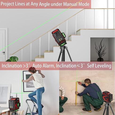 مستوى ليزر ذاتي التسوية - 3x360 شعاع أخضر أفقي عمودي 12 خطًا متقاطعًا - أداة بناء تسوية ليزر للبلاط لسقف الجدار الأرضي - علبة ذات جوانب صلبة وجهاز تحكم عن بعد in Kuwait