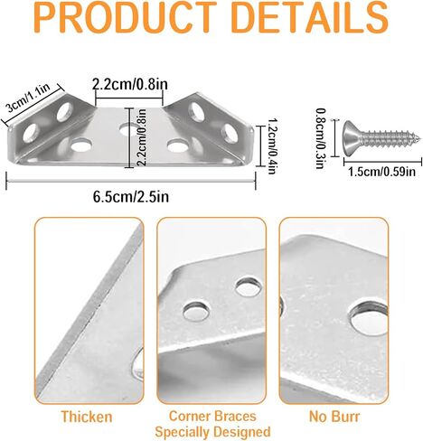 20Pack Stainless Steel Corner Braces Connector with 90 Screws,a Z-Shaped Double Head Screwdriver,Universal Trapezoidal Bracket for Furniture,Cabinets,Tables,Chairs-Strong Support and Easy Fastening in Saudi Arabia