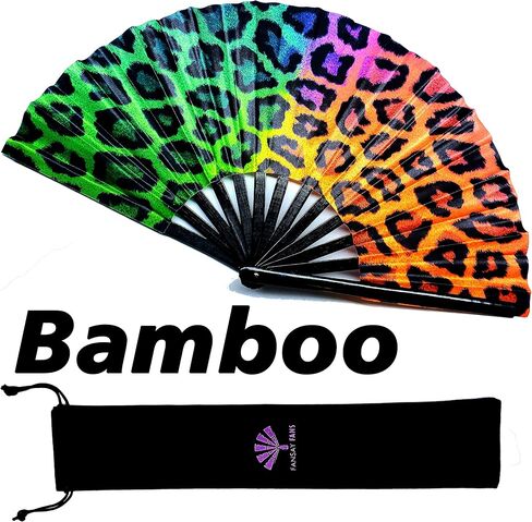 Large Hand Folding Fan for Men/Women Chinese/Japanese Bamboo with Leather Cloth Fabric Dance Festival Fan Handheld Folding Fans (Rainbow Cheetah) in Saudi Arabia