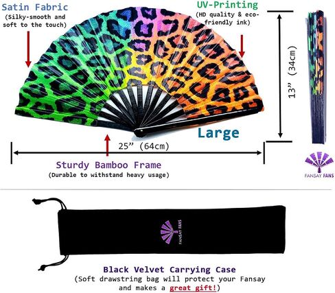 Large Hand Folding Fan for Men/Women Chinese/Japanese Bamboo with Leather Cloth Fabric Dance Festival Fan Handheld Folding Fans (Rainbow Cheetah) in Saudi Arabia
