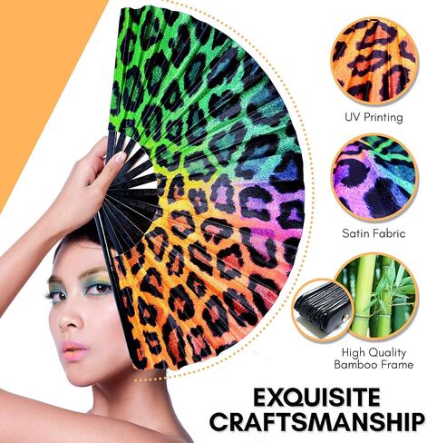 Large Hand Folding Fan for Men/Women Chinese/Japanese Bamboo with Leather Cloth Fabric Dance Festival Fan Handheld Folding Fans (Rainbow Cheetah) in Saudi Arabia