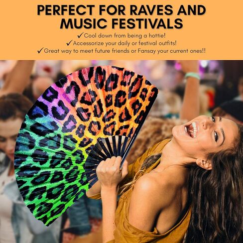 Large Hand Folding Fan for Men/Women Chinese/Japanese Bamboo with Leather Cloth Fabric Dance Festival Fan Handheld Folding Fans (Rainbow Cheetah) in Saudi Arabia