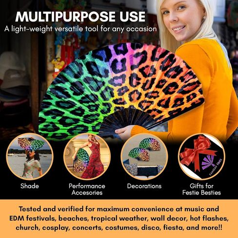 Large Hand Folding Fan for Men/Women Chinese/Japanese Bamboo with Leather Cloth Fabric Dance Festival Fan Handheld Folding Fans (Rainbow Cheetah) in Saudi Arabia