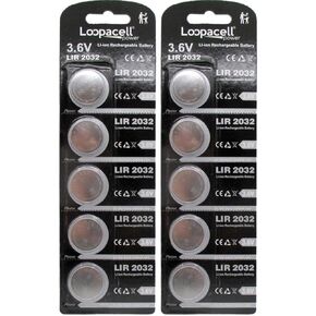 10 Loopacell LIR2032 Lithium Rechargeable 3.6V Coin Cell Batteries