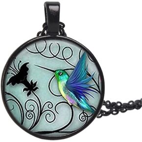 Blue Hummingbird Bird Pendant Necklace Glass Geometric Round Circle Animal Sweater Chain Statement Necklace for Women Girl Men Boy Teen Jewelry Valentine's Day Thanksgiving Day Gift