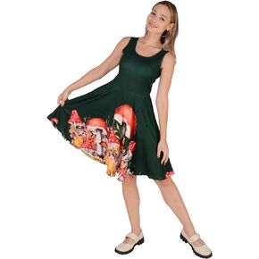 CowCow Womens Mushrooms Alice Wonderland Rabbit Queen Heart Pattern Knee Length Skater Dress with Pockets, XS-5XL