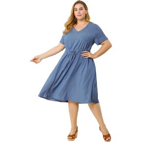 Agnes Orinda Women's Plus Size Dress Casual Chambray V Neck Short Sleeve A Line Denim Dresses 2023