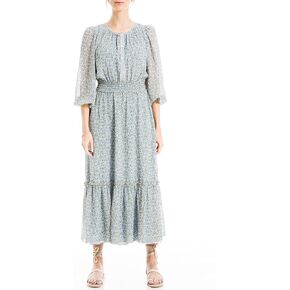 Max Studio Women's Long Sleeve Smocked Waist Button Top Maxi Dress