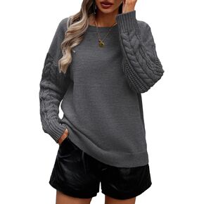 Women's Long Sleeve Pullover Sweater 2024 Fall Casual Crewneck Solid Color Cable Knit Soft Jumper Tops