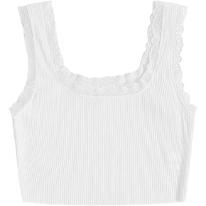 SweatyRocks Women's Sleeveless Scoop Neck Lace Trim Ribbed Knit Crop Cami Tank Top White L