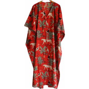 Jugle Block Print Women Dress, Indian Handmade Long Kaftan Dress, Pure Cotton Fabric Stitch Kaftan, Women Night Wear Dress Kimono Art Multi