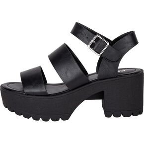~BOOIE~ Womens Open Toe Two Bands Lug sole Block Heel Sandals with Adjustable Ankle Strap Platform