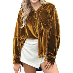 Women Oversized Velvet Shirt Blouse Long Sleeve V Neck T Shirts with Pocket Button Down Jacket
