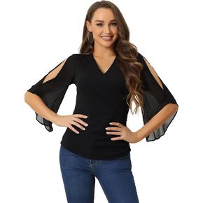 Allegra K Wrap Front Blouse for Women's Elegant Ruched Side Flowy Chiffon Slit Sleeve Top