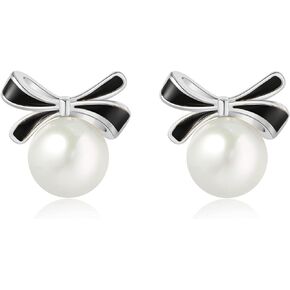 Freshwater Pearl Bow Studs 925 Sterling Silver Classy Bowknot Earrings Women Ladies Girls Birthday Christmas Valentines Day Gift