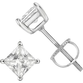 925 Sterling Silver Princess Cut Square Cz Screw Back Stud Earrings Rhodium Plated