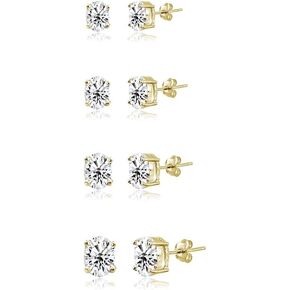 4-Pair Set Sterling Silver Cubic Zirconia Oval Stud Earrings, 5X3mm 6x4mm 7x5mm 8x6mm