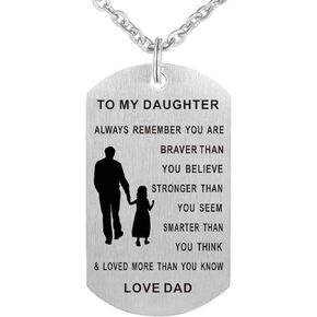 To My Daughter from Dad Inspirational Necklace Dog Tag Pendant Necklace Always Remember You Are Braver Than You Believe Motivational Encouragement Dogtags Jewelry Birthday Graduation Girls Gift