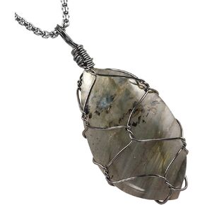 TUMBEELLUWA Labradorite Necklace Irregular Shape Wire Wrapped Quartz Crystal Pendant with Chain Healing Stone Jewelry