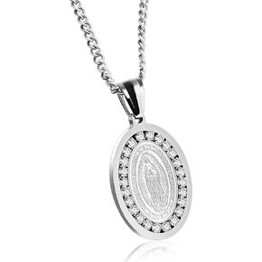 Stainless Steel Cubic Zirconia Our Lady of Guadalupe Virgin Mary Oval Medal Necklace Silver & Gold Color