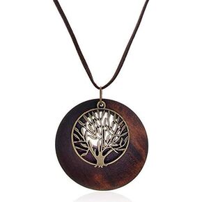 SIVITE شجرة الحياة البرونزية العتيقة مع قلادة خشبية قلادة طويلة من الجلد سلسلة خشبية للنساء والفتيات in Kuwait