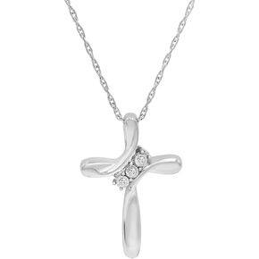 Amanda Rose Collection Three Diamond Cross Pendant Necklace in Sterling Silver on an 18 inch Sterling Silver Chain | Real Diamond Necklaces for Women