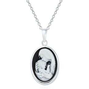 Bling Jewelry Classic Antique Vintage Style Blue Black White Carved Oval Simple Framed Victorian Lady Portrait Mother and Child Cameo Pendant Necklace For Women Wife .925 Sterling Silver Customizable