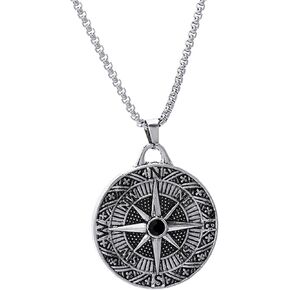 Stainless Steel Compass Pendant Necklace for Men Women Boys Girls Retro Handmade Circle Medal Navigator Forged Travel Adjustable Chain Necklace for Birthday Festival Party Fashion Jewelry Gifts