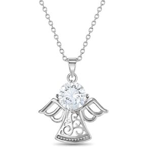 925 Sterling Silver Girl's 16" Cubic Zirconia Guardian Angel Protector Necklace - Elegant Box Chain Charm Pendant Necklaces for Children & Preteens - Religious CZ Angel Jewelry for Young Girls