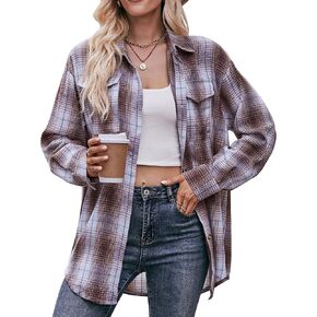HangNiFang Oversized Plaid Flannel Shirts for Women Long Sleeve Button Down Buffalo Plaid Shirts Blouse