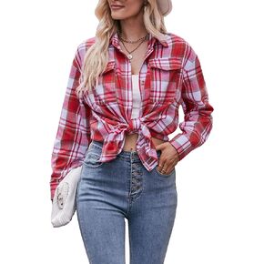 HangNiFang Oversized Plaid Flannel Shirts for Women Long Sleeve Button Down Buffalo Plaid Shirts Blouse