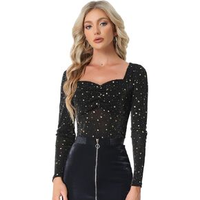 Allegra K Sheer Mesh Star Top for Women's Sweetheart Neck See Through Party Glitter Blouse