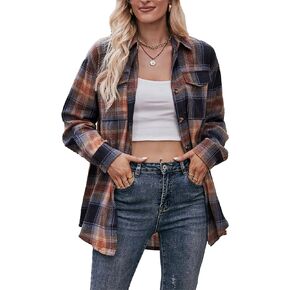 HangNiFang Oversized Plaid Flannel Shirts for Women Long Sleeve Button Down Buffalo Plaid Shirts Blouse