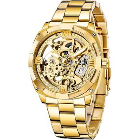 Carlien Skeleton Automatic Steampunk Watches Gold-Tone Luminous Hands Leather Strap Wrist-Watch (Gold Gold)