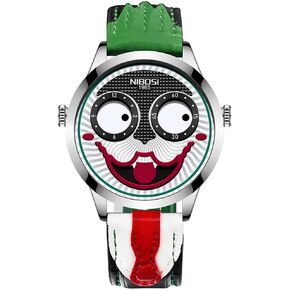 MASTOP Unisex Watches Creative Design Clown Dial Leather Strap Sport Quartz Waterproof Fashion Joker Wristwatch