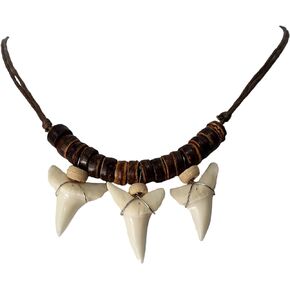 3 Genuine Mako Shark Teeth Necklace for Men Women Boy Girl with Wooden Beads and Adjustable Waxed Cord Handmade Jewelry EA050