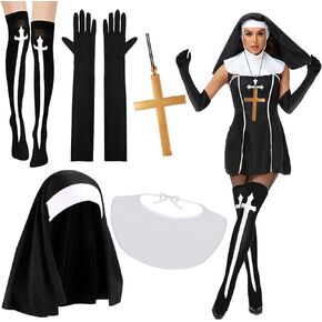 PHOGARY 5PCS Nun Costume Accessories Set, Nun Cosplay Sexy Nun Costume Accessories with Nun Habit Headpiece Nun Collar Cross Pendant Necklace Gloves Stockings for Women Girls Halloween Cosplay Party
