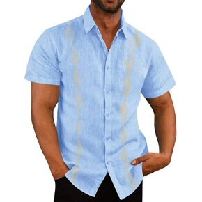 قميص كتان كوبي Guayabera للرجال من Eymitory بأكمام قصيرة وأزرار سفلية، قمصان كاجوال من القطن والكتان للصيف والشاطئ in Kuwait