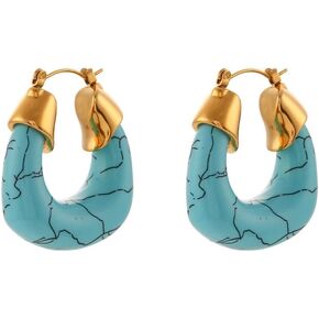 Turquoise Geometric Chunky Hoop Earrings 14K Gold Plated U-shaped Huggie Dangle Drop Statement Earring Boho Jewelry Gifts for Women Girls