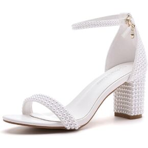 3.75 Inches Women Block Heel Sandals Full White Pearls High Heel Sandals Bridal Wedding Shoes Open Toe Chunky Heel Sandals For Party Evening
