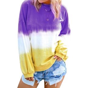 RMCMS Women Colorblock Crew Neck Tie Dye Printed Casual Long Sleeve Sweatshirts Gradient Loose Pullover Tops