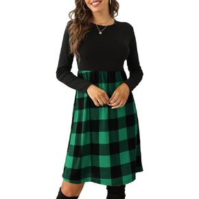 PALINDA Women's Plaid Long Sleeve Empire Waist Pleated Loose Swing Casual Flare Midi Dress with Belt