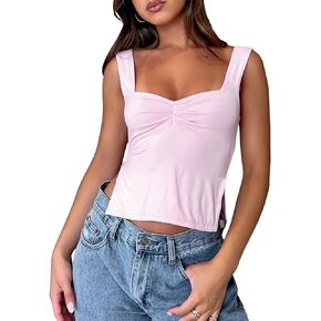 Women's Y2K Sleeveless Strappy Crop Tops Ruched Sweetheart Neck Backless Cropped Tank Top Slits Cami Shirt
