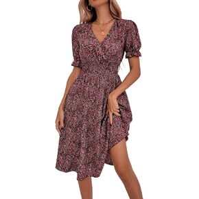 SweatyRocks Women's Boho Floral V Neck Dress Puff Sleeve Shirred A Line Midi Dresses