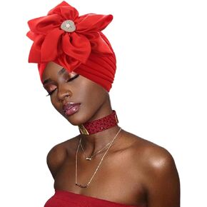 Urieo Flower Turban Head Wrap Red Ruffle Beanie Headscarf Crystal Headwrap Cap for Women in Saudi Arabia